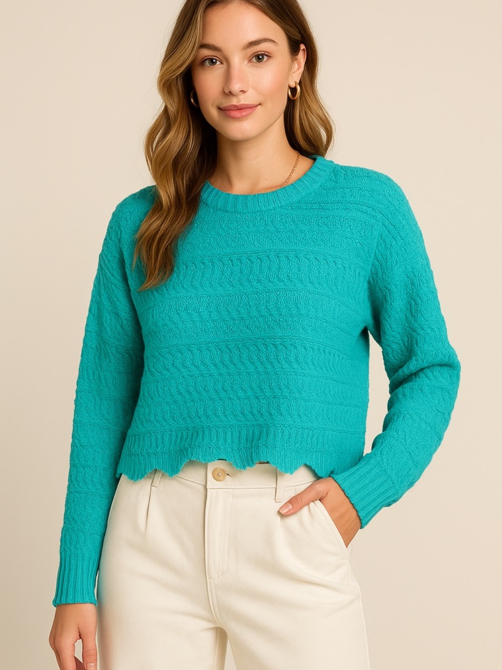 Cropped Textured Crewneck Sweater in Teal